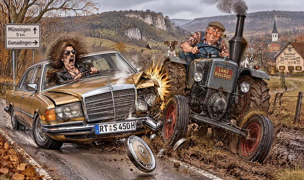 Rock & Rollinger Gründungslegende: Dr. Horst Rock im goldenen Mercedes 450 SEL kollidiert mit Landwirt Manfred Rollinger auf dem Lanz Bulldog